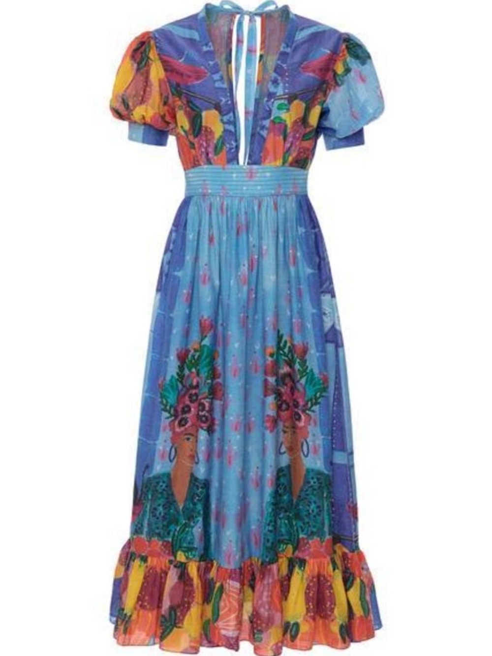 Vivid Blue Floral Maxi Dress with Puff Sleeves